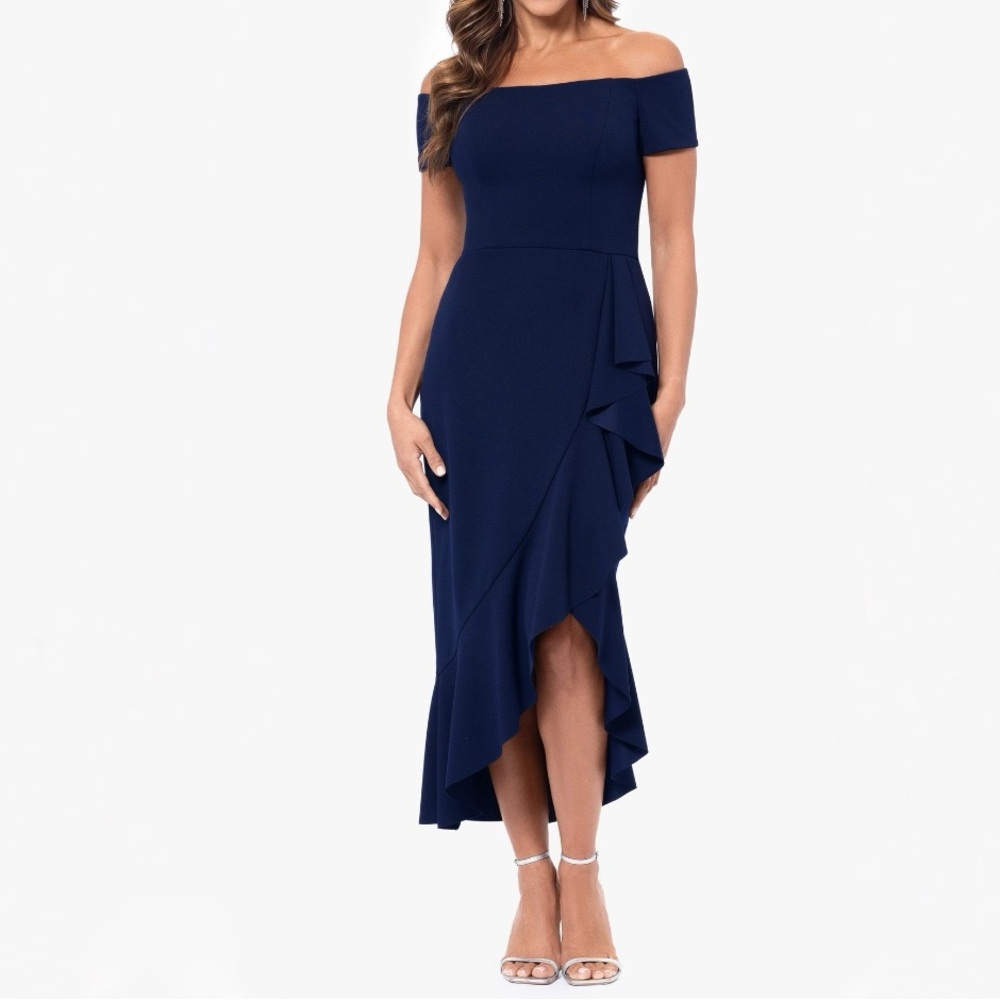 New Xscape Off the Shoulder Midi Cocktail Dress Size 14 (Navy)